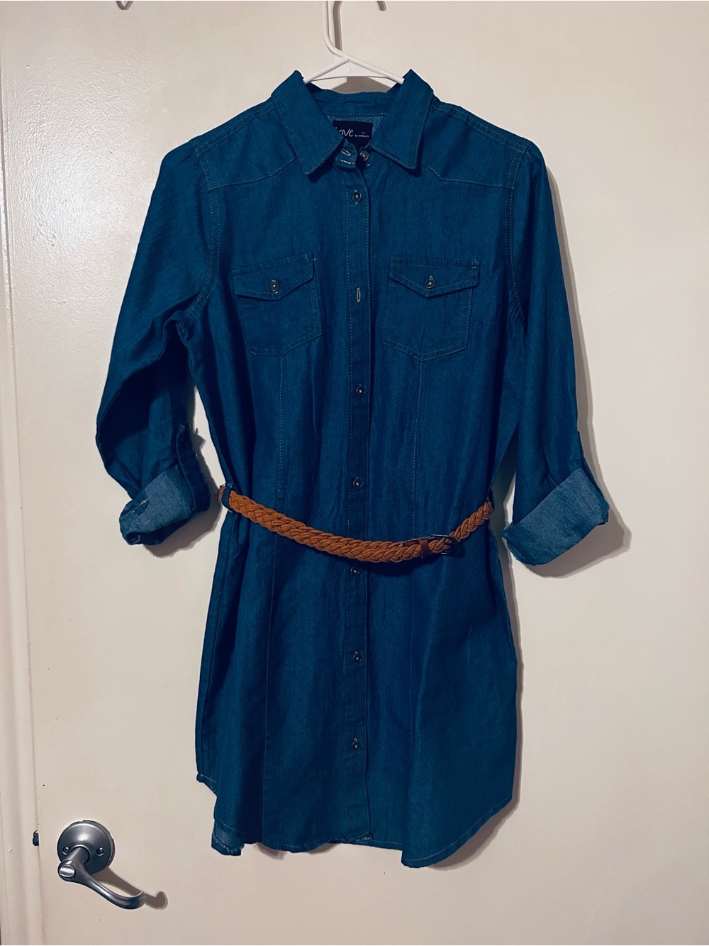 Love Women's Long Sleeve Denim Dress with Braided Tan Belt